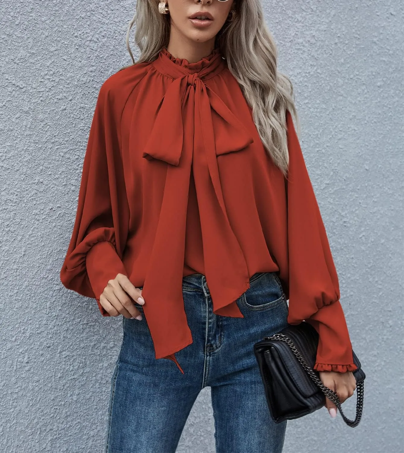 Women's Bow Tie Neck Chiffon Blouse Shirt Back Keyhole Casual Long Lantern Sleeve Mock Neck Solid Color Tops Tee