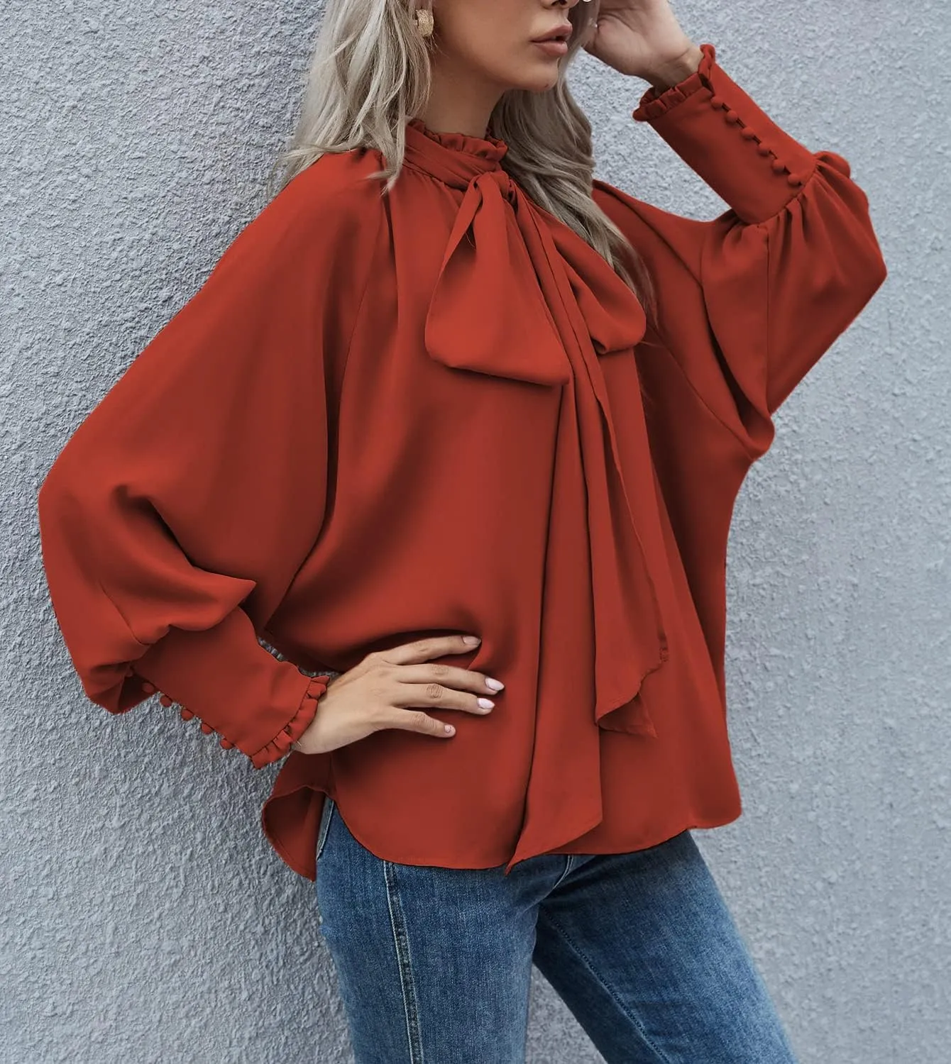 Women's Bow Tie Neck Chiffon Blouse Shirt Back Keyhole Casual Long Lantern Sleeve Mock Neck Solid Color Tops Tee
