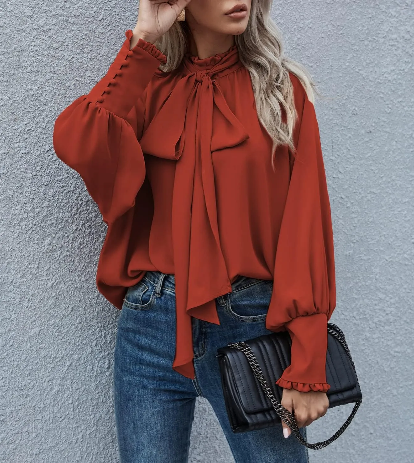 Women's Bow Tie Neck Chiffon Blouse Shirt Back Keyhole Casual Long Lantern Sleeve Mock Neck Solid Color Tops Tee