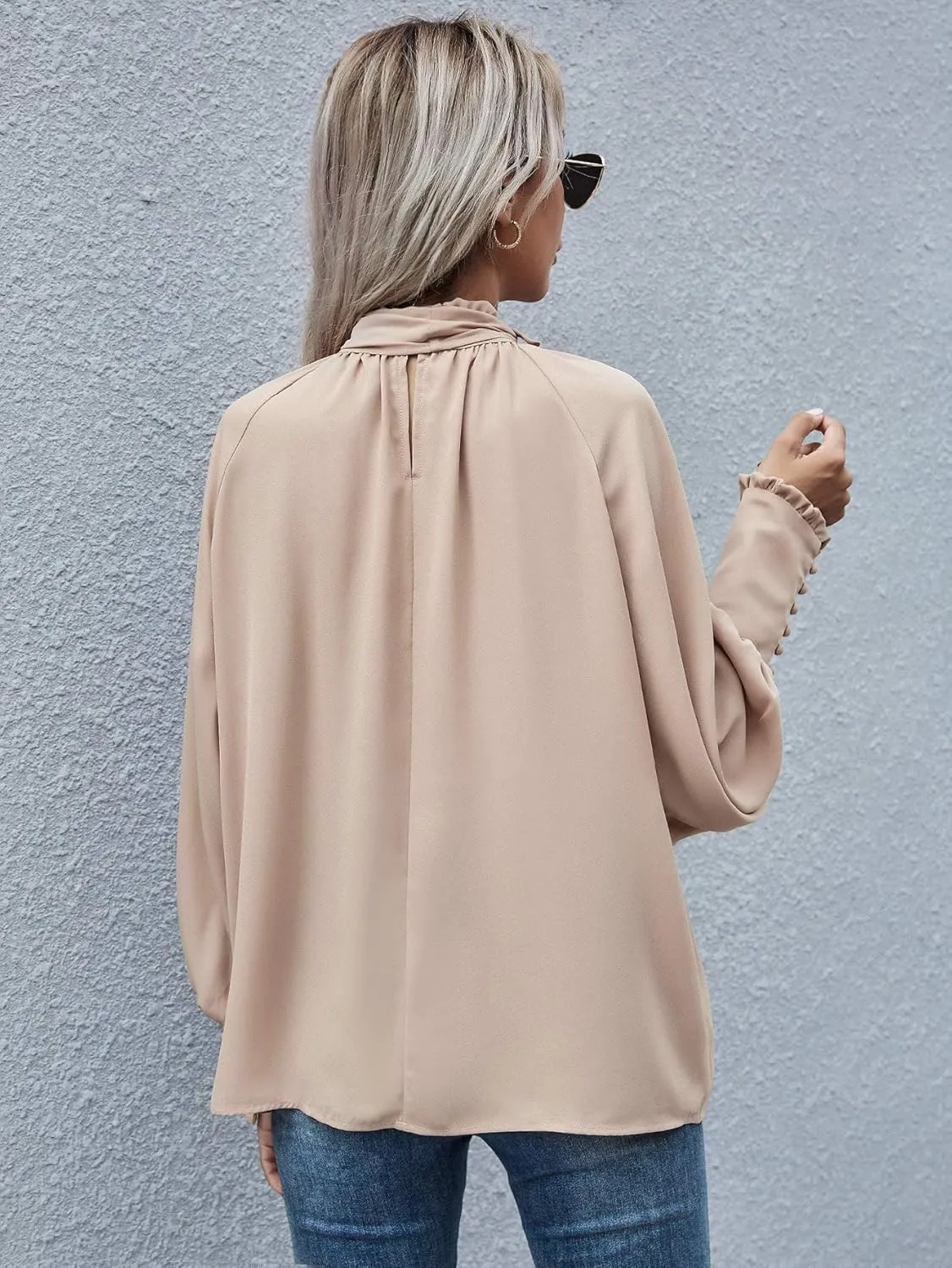 Women's Bow Tie Neck Chiffon Blouse Shirt Back Keyhole Casual Long Lantern Sleeve Mock Neck Solid Color Tops Tee