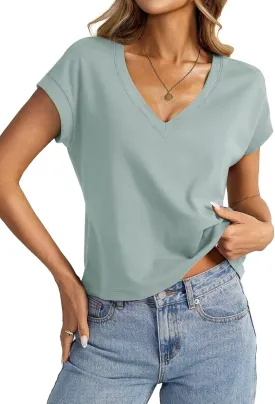 Womens Cap Sleeve Crop Tops Cotton V Neck T Shirt Boxy Loose Fit Short Sleeves Tee Summer Fashion Clothes 2025