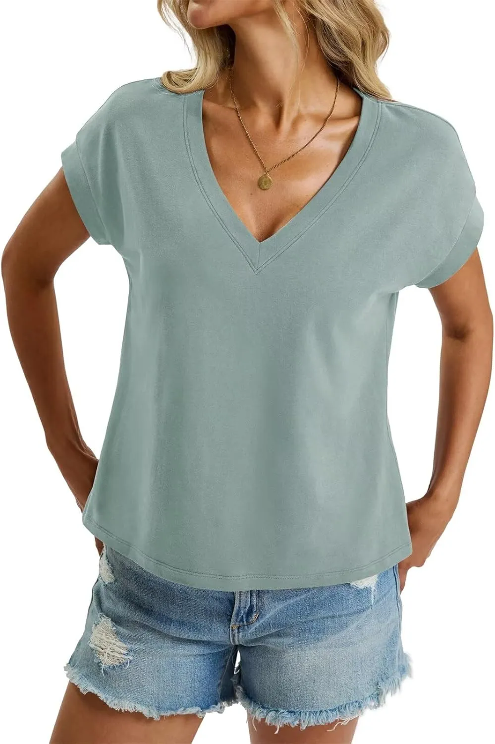 Womens Cap Sleeve Crop Tops Cotton V Neck T Shirt Boxy Loose Fit Short Sleeves Tee Summer Fashion Clothes 2025