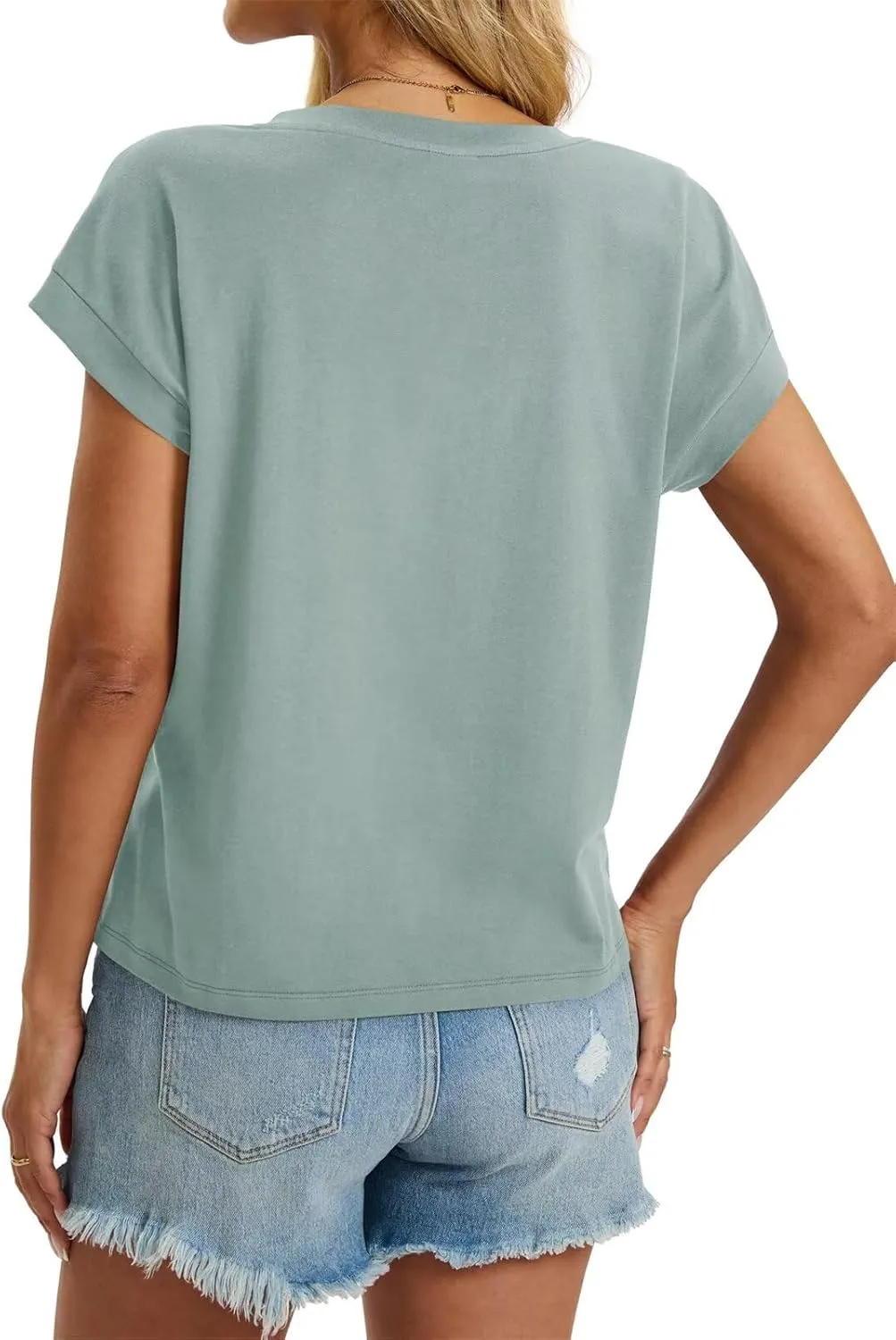 Womens Cap Sleeve Crop Tops Cotton V Neck T Shirt Boxy Loose Fit Short Sleeves Tee Summer Fashion Clothes 2025