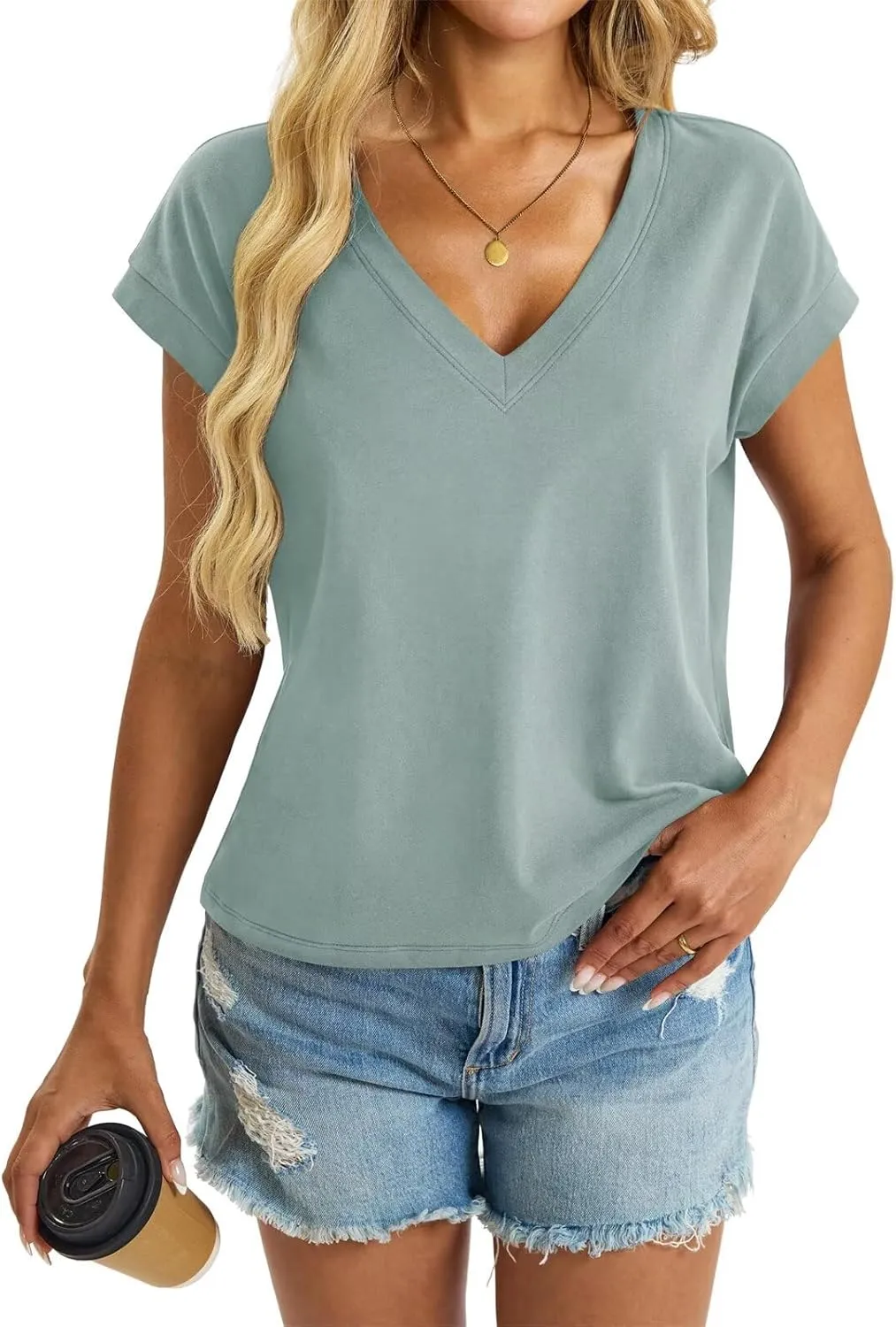 Womens Cap Sleeve Crop Tops Cotton V Neck T Shirt Boxy Loose Fit Short Sleeves Tee Summer Fashion Clothes 2025