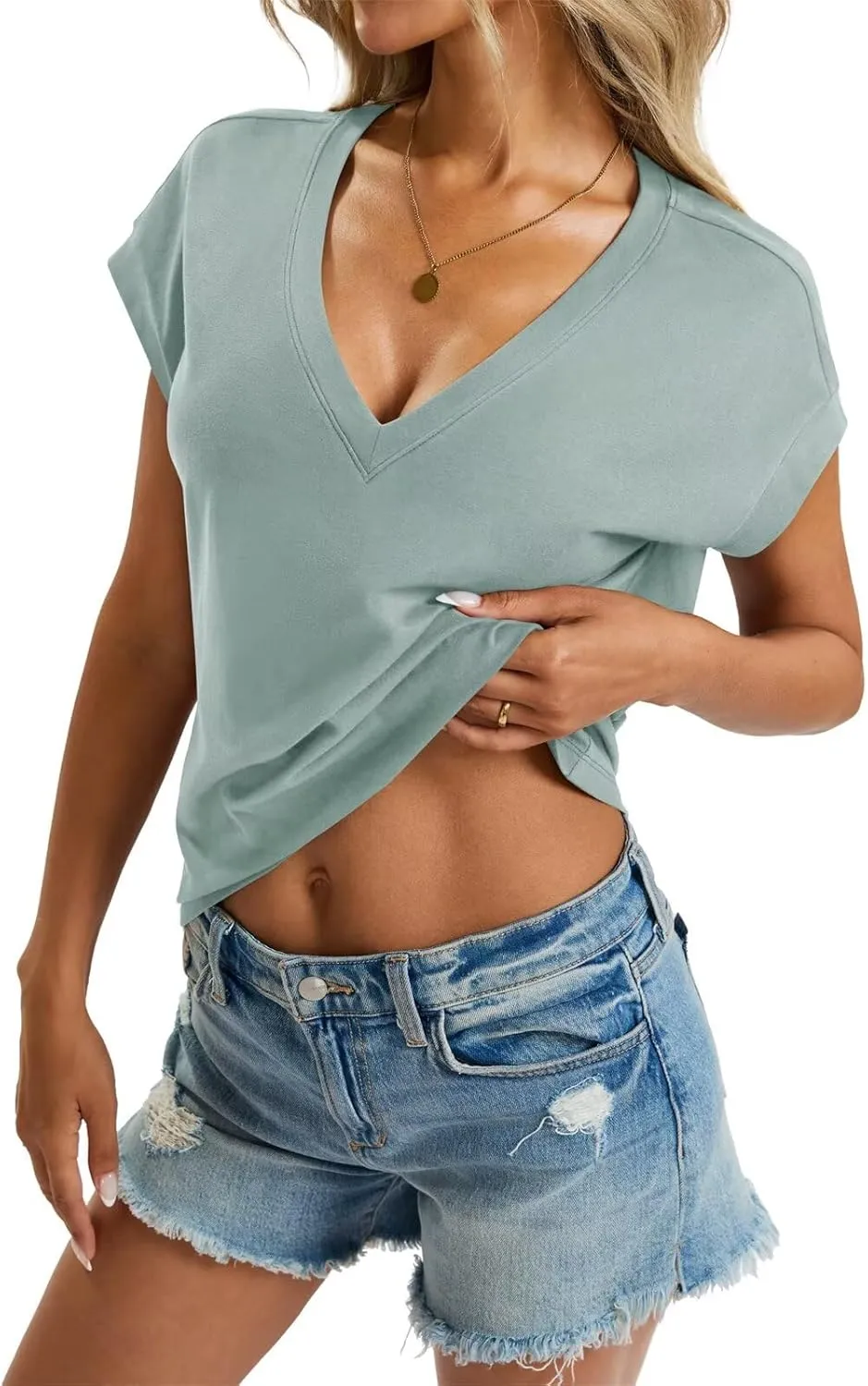 Womens Cap Sleeve Crop Tops Cotton V Neck T Shirt Boxy Loose Fit Short Sleeves Tee Summer Fashion Clothes 2025