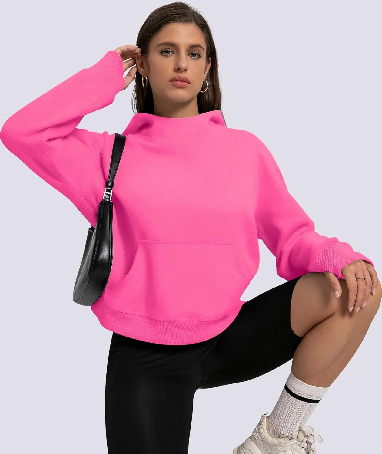 Womens Cropped Hoodies Mock Neck Sweatshirts Fall Fleece Lined Pullover with Thumb Hole 2024 Winter Clothes