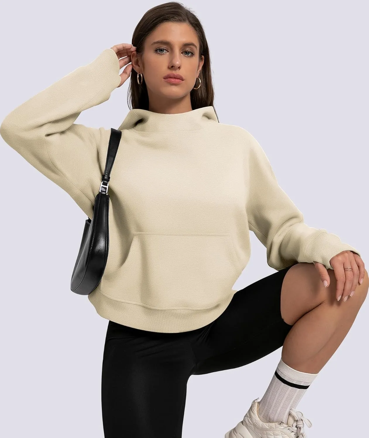 Womens Cropped Hoodies Mock Neck Sweatshirts Fall Fleece Lined Pullover with Thumb Hole 2024 Winter Clothes