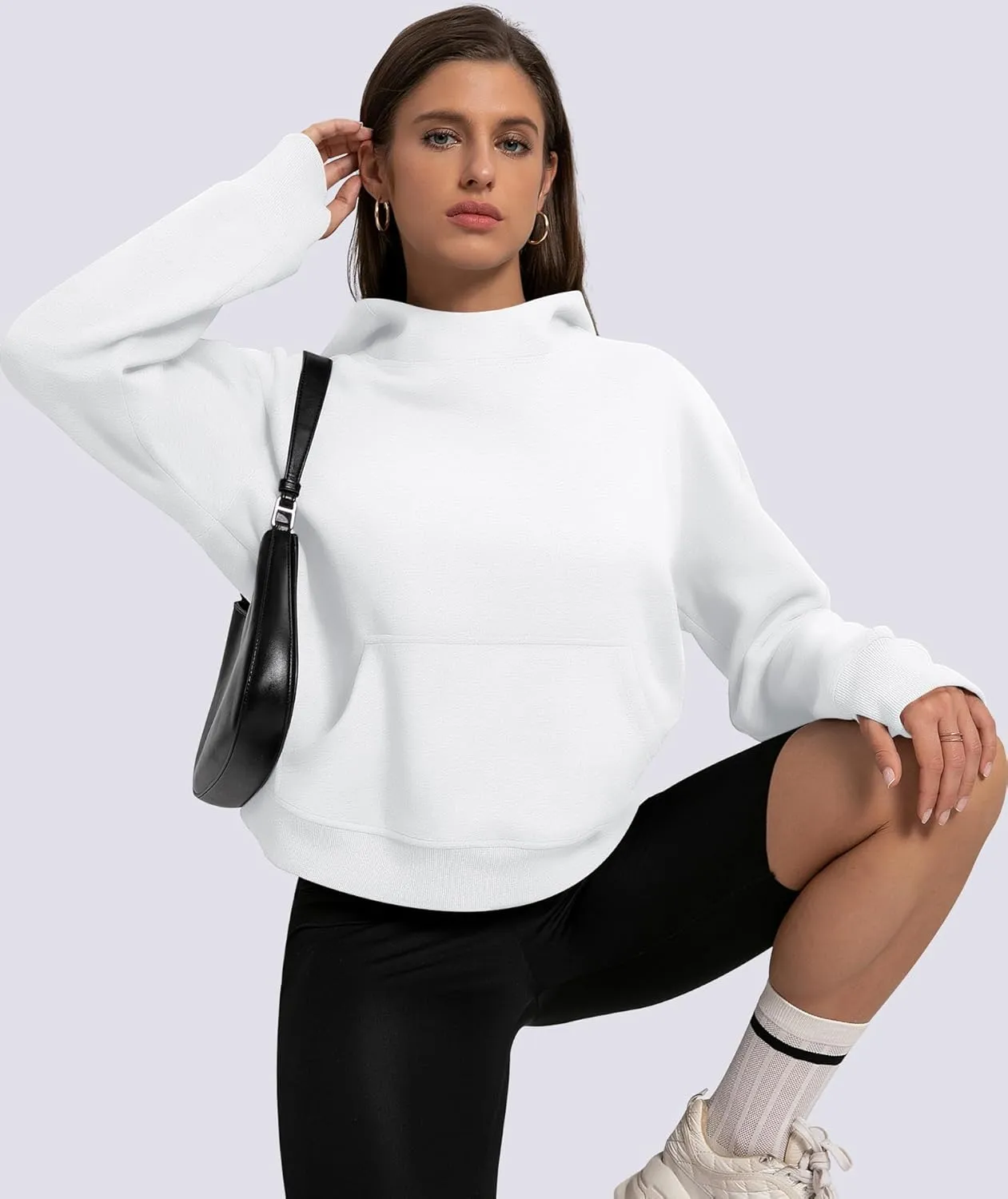 Womens Cropped Hoodies Mock Neck Sweatshirts Fall Fleece Lined Pullover with Thumb Hole 2024 Winter Clothes