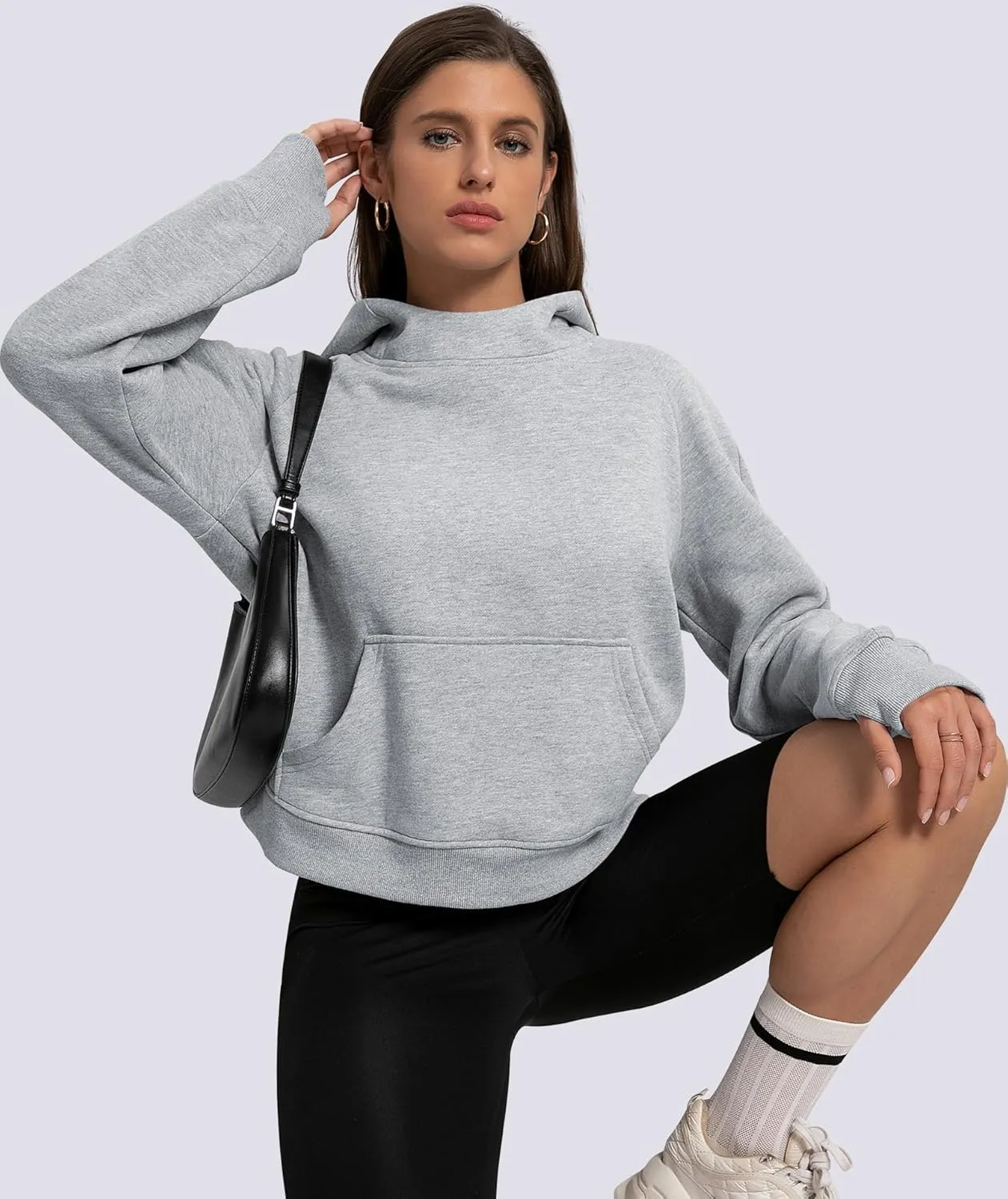 Womens Cropped Hoodies Mock Neck Sweatshirts Fall Fleece Lined Pullover with Thumb Hole 2024 Winter Clothes
