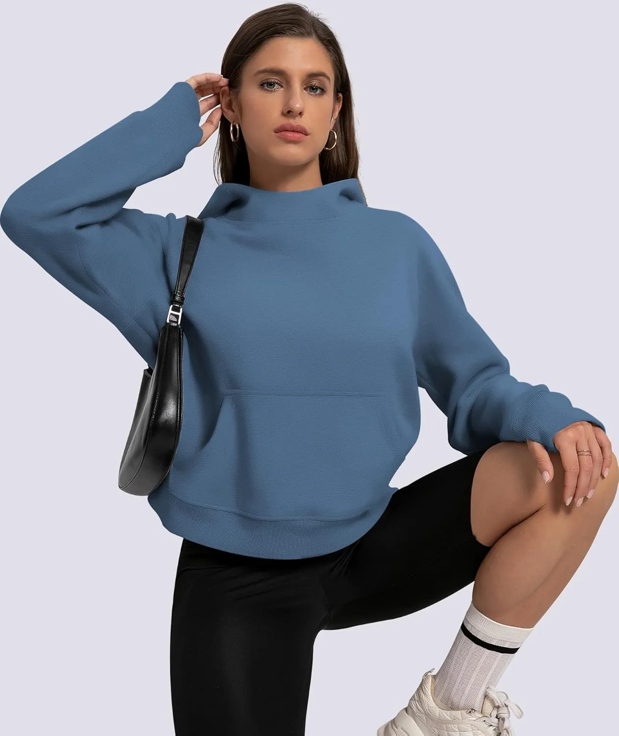 Womens Cropped Hoodies Mock Neck Sweatshirts Fall Fleece Lined Pullover with Thumb Hole 2024 Winter Clothes