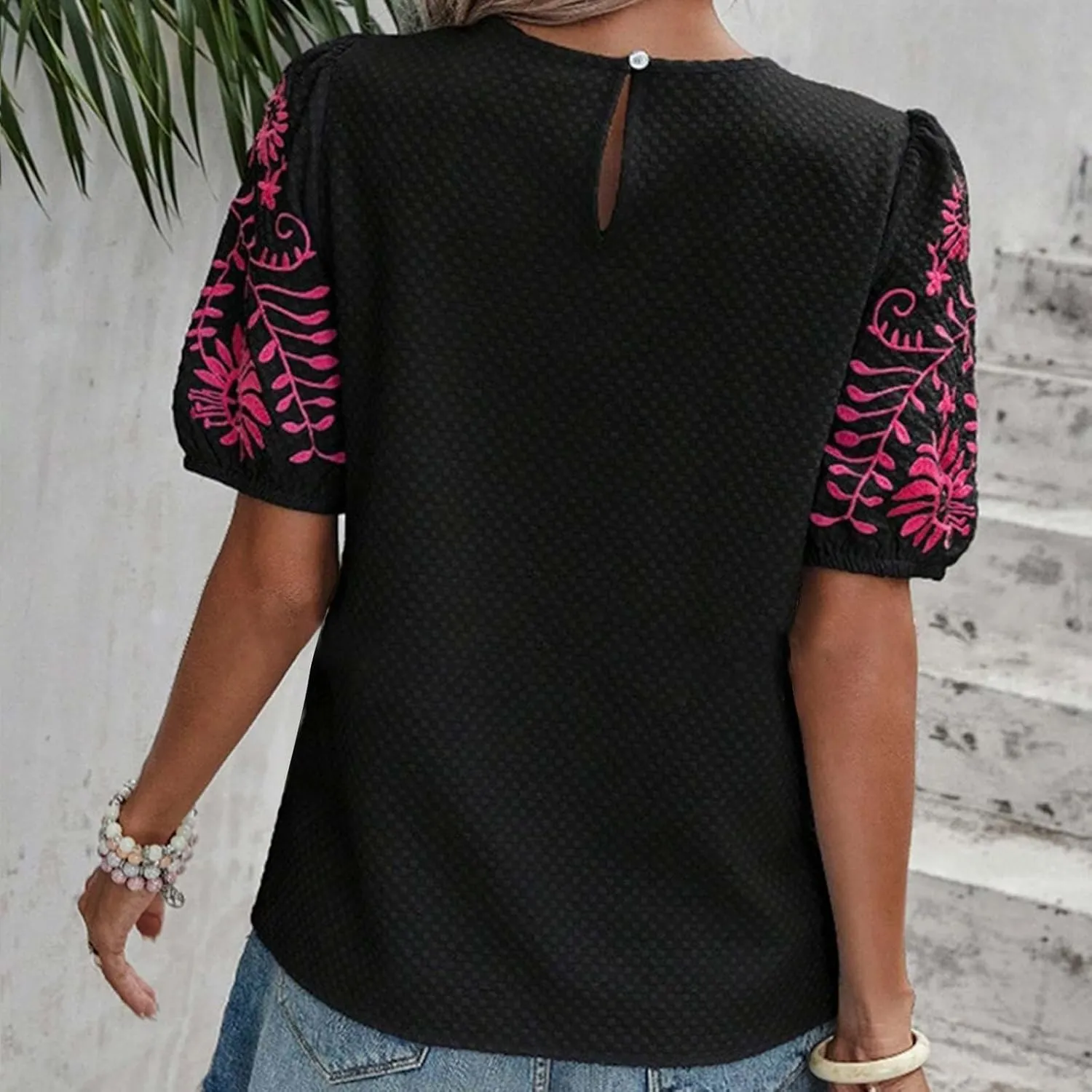 Womens Embroidered Puff Short Sleeve Tops Dressy Casual Crewneck Shirts Loose Textured Floral Embroidery Blouses