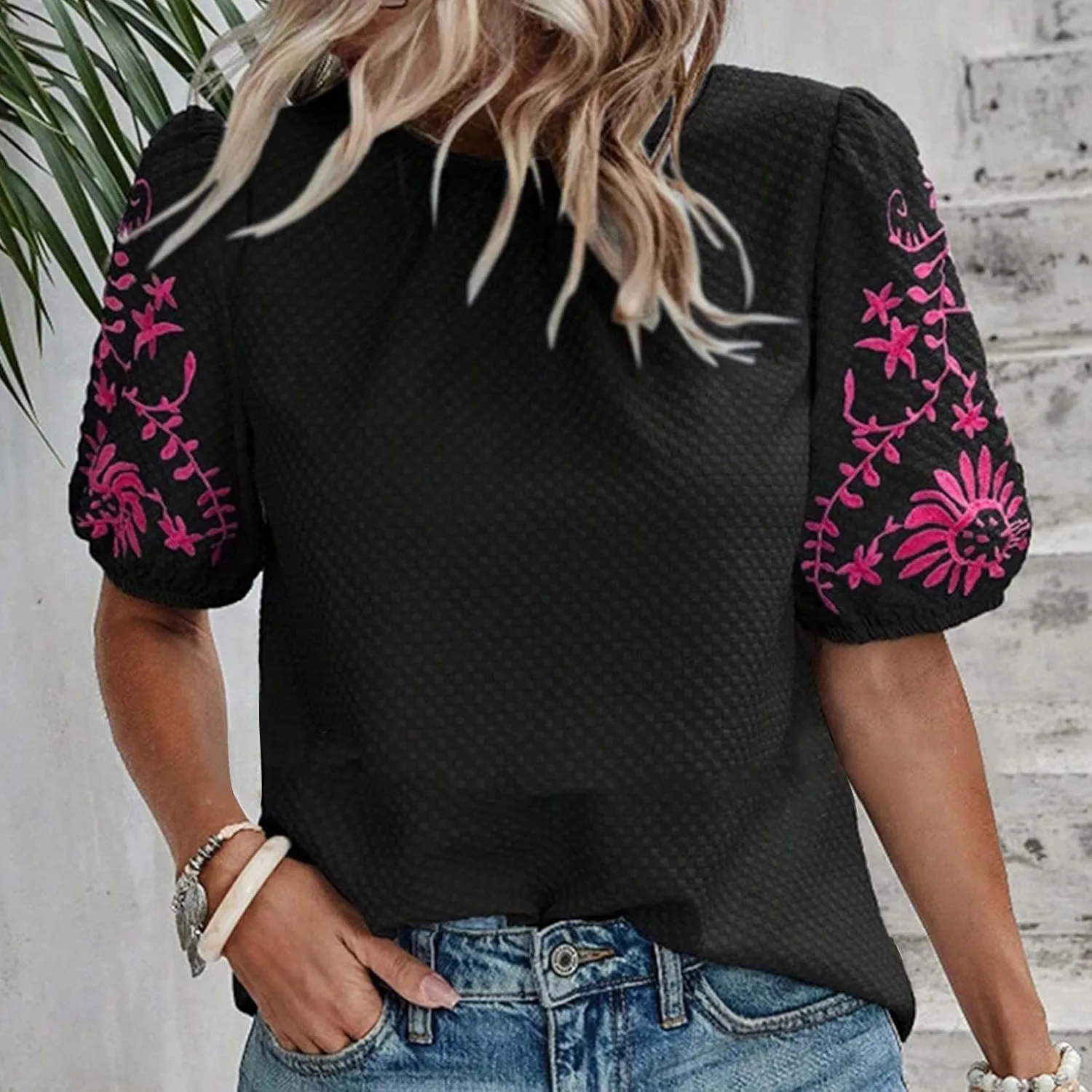 Womens Embroidered Puff Short Sleeve Tops Dressy Casual Crewneck Shirts Loose Textured Floral Embroidery Blouses