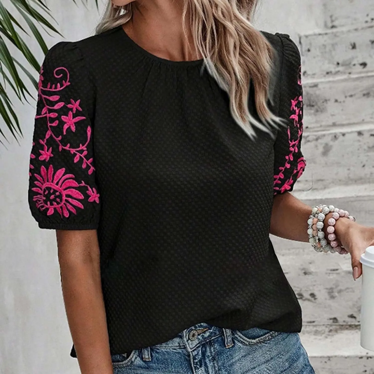 Womens Embroidered Puff Short Sleeve Tops Dressy Casual Crewneck Shirts Loose Textured Floral Embroidery Blouses