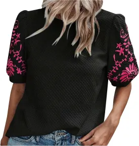 Womens Embroidered Puff Short Sleeve Tops Dressy Casual Crewneck Shirts Loose Textured Floral Embroidery Blouses
