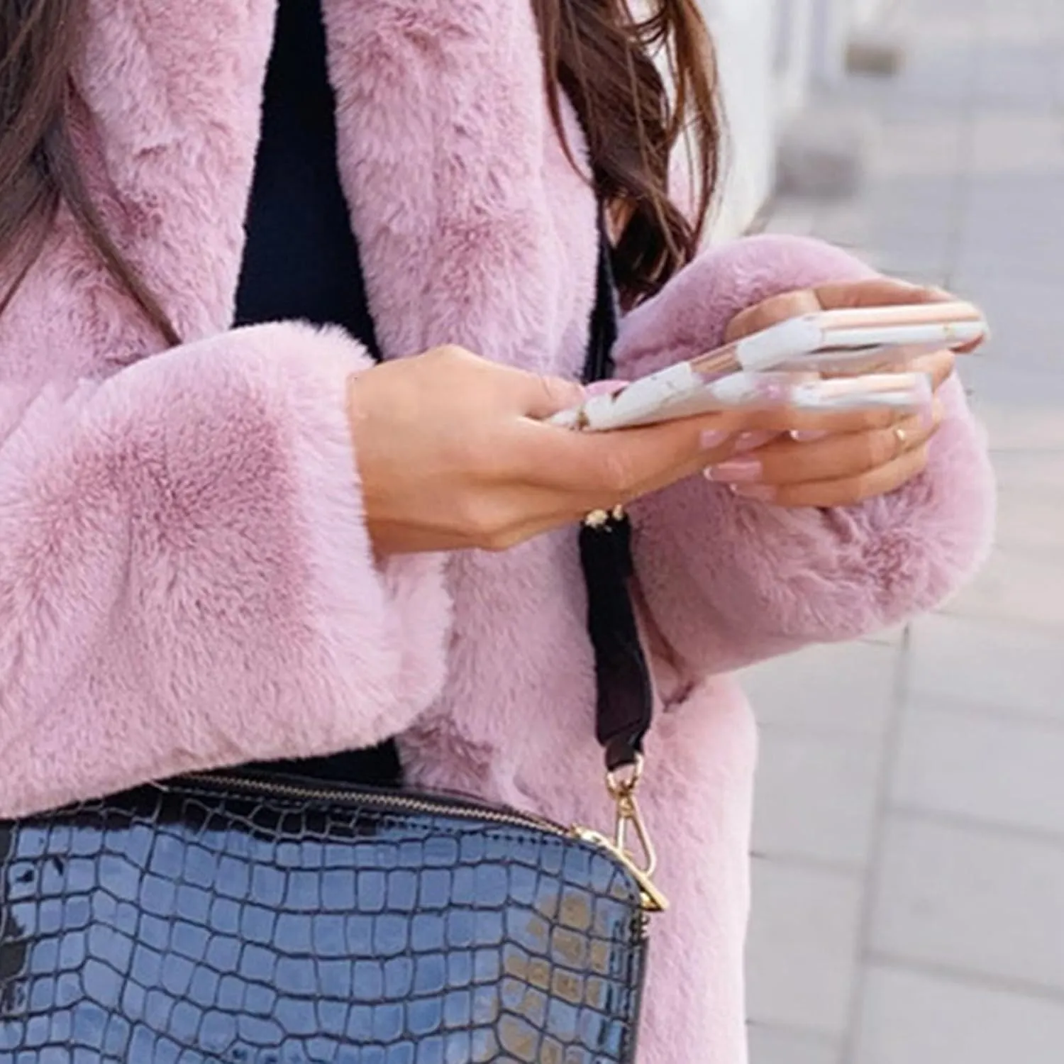 Womens Faux Fur Long Coats Warm Winter Outwear Fleece Overcoat Open Front Long Cardigan Jacket with Pockets