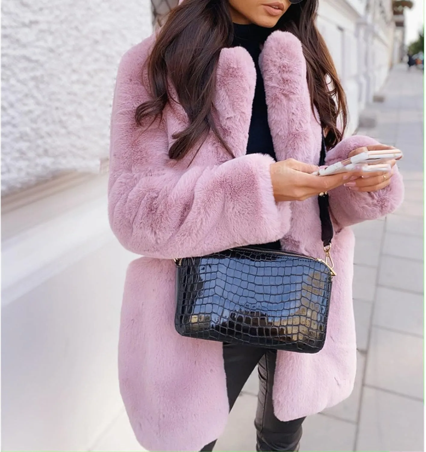 Womens Faux Fur Long Coats Warm Winter Outwear Fleece Overcoat Open Front Long Cardigan Jacket with Pockets