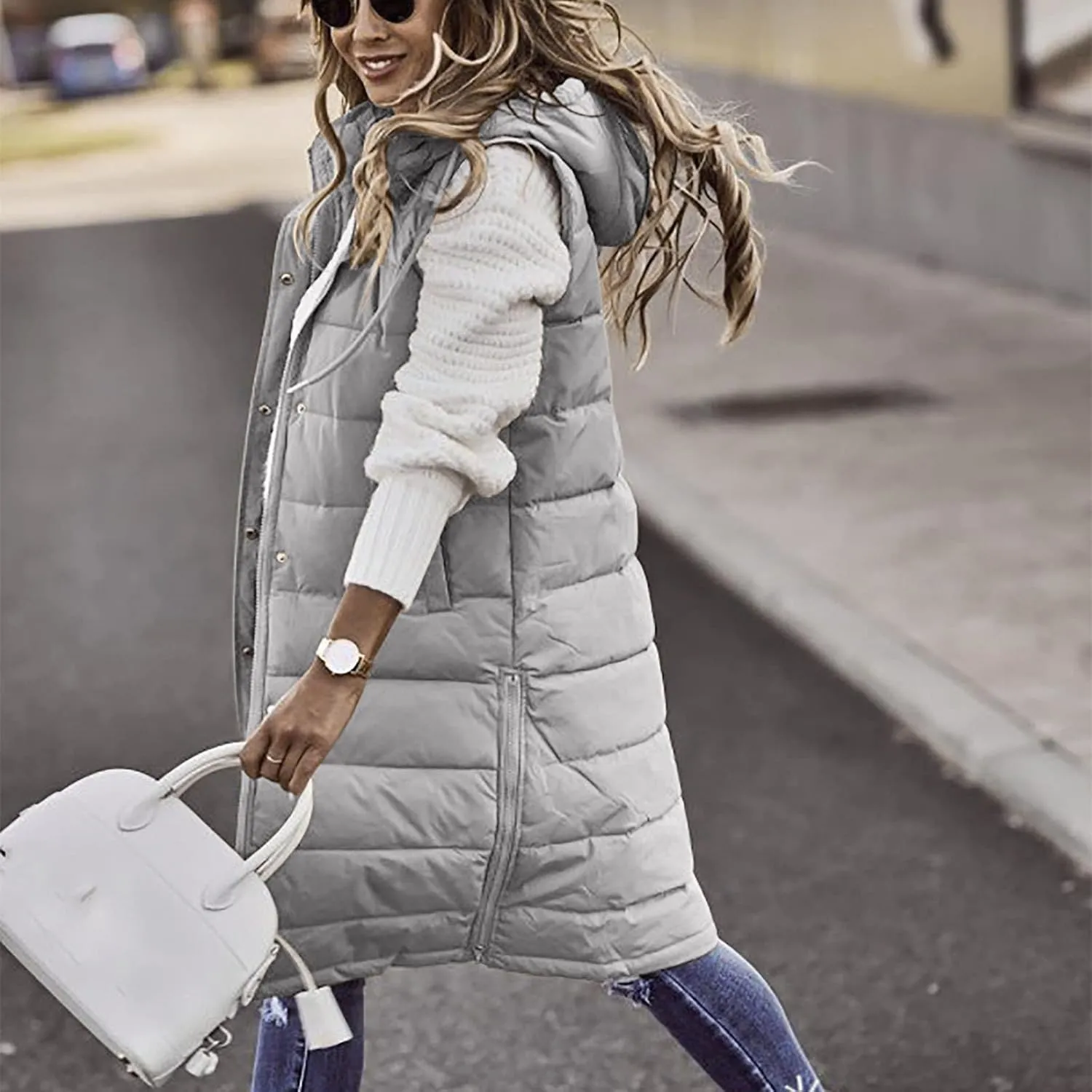 Womens Long Vest Winter Warm Reversible Coats Sleeveless Fleece Jacket Casual Hooded Zipper Outwear with Pockets