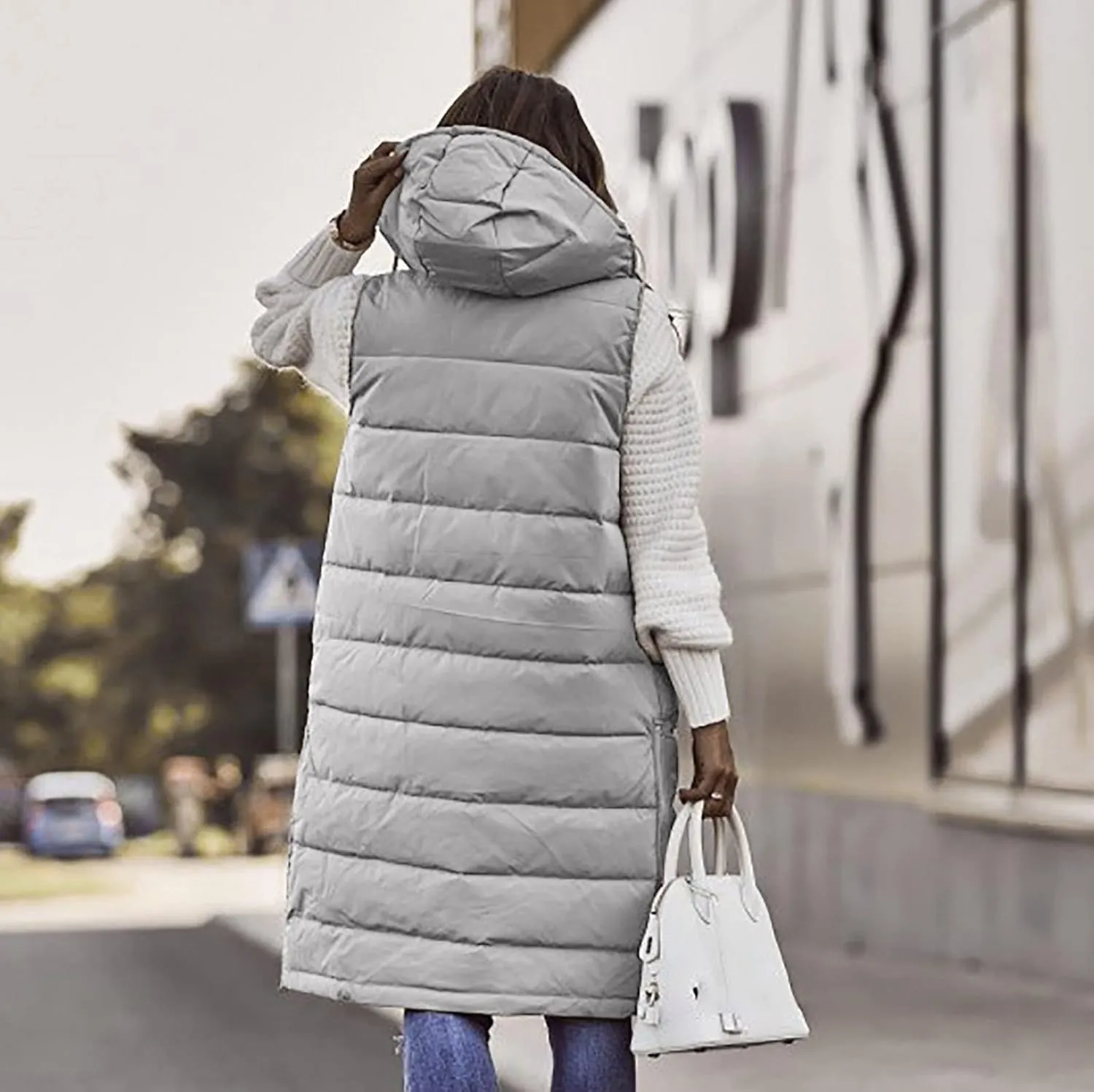 Womens Long Vest Winter Warm Reversible Coats Sleeveless Fleece Jacket Casual Hooded Zipper Outwear with Pockets