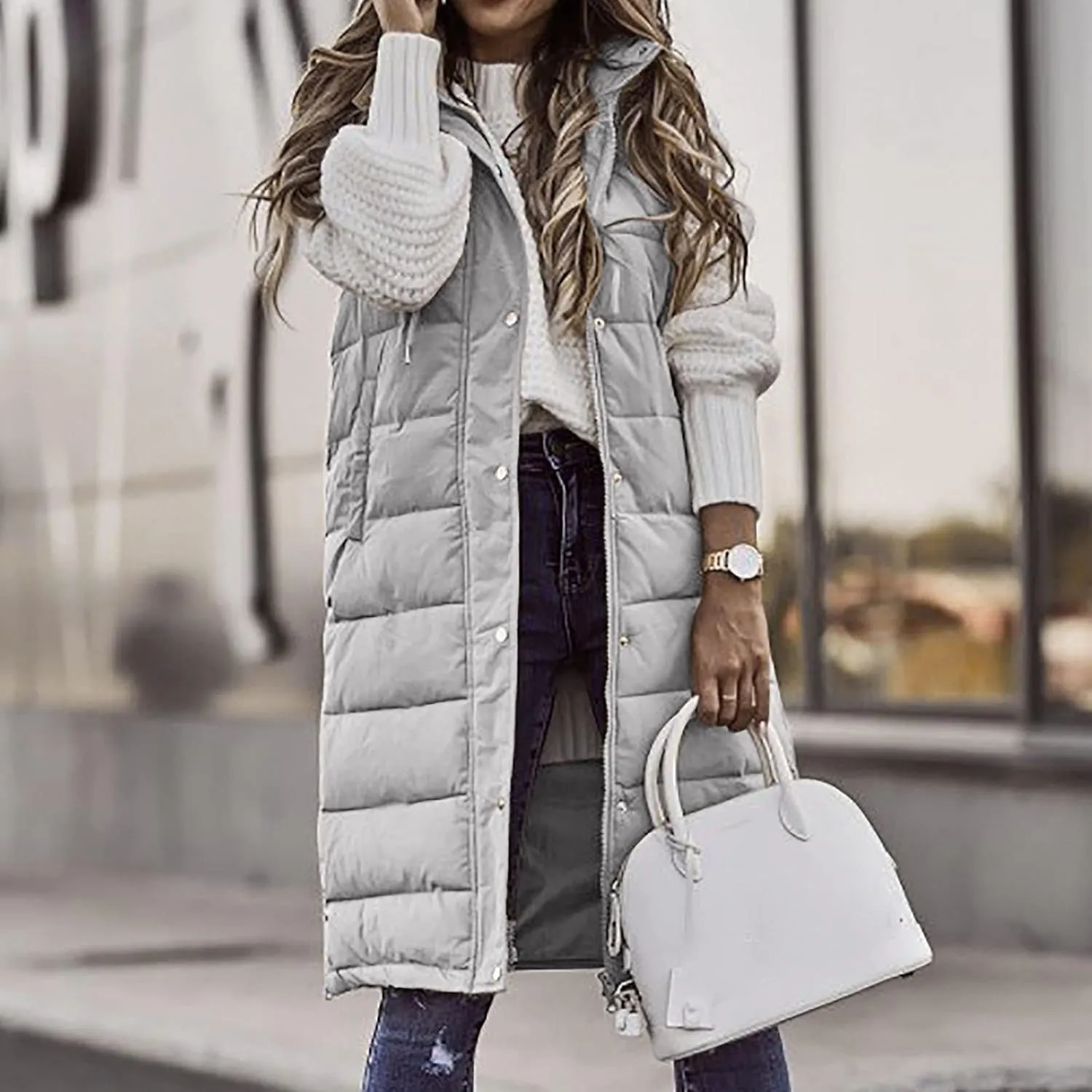 Womens Long Vest Winter Warm Reversible Coats Sleeveless Fleece Jacket Casual Hooded Zipper Outwear with Pockets
