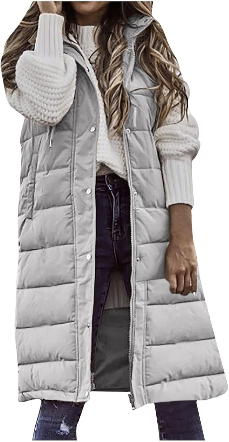 Womens Long Vest Winter Warm Reversible Coats Sleeveless Fleece Jacket Casual Hooded Zipper Outwear with Pockets