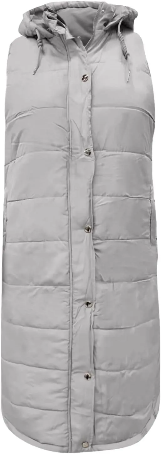 Womens Long Vest Winter Warm Reversible Coats Sleeveless Fleece Jacket Casual Hooded Zipper Outwear with Pockets