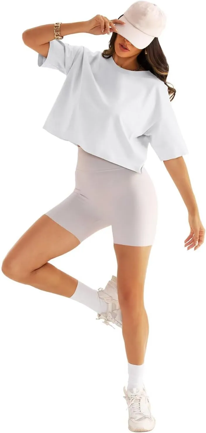 Womens Oversized Workout Crop Tops Cotton T Shirts Boxy Crewneck Loose Fit Short Sleeve Tee Summer Clothes 2025