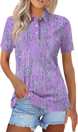 Womens Polo Tees Short Sleeve Casual Loose V Neck Button Down Business Work Shirts Summer Spring Tops