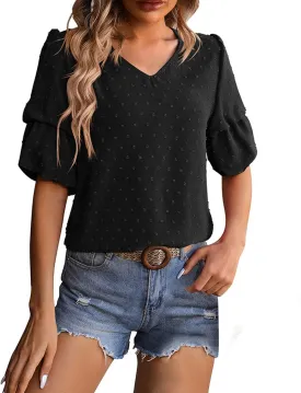 Womens Puff Sleeve Tops Dressy Casual V Neck Blouses Swiss Dot Balloon Short Sleeve Blouses Pom Pom Shirts Summer Tee