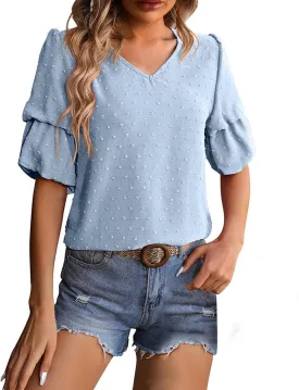Womens Puff Sleeve Tops Dressy Casual V Neck Blouses Swiss Dot Balloon Short Sleeve Blouses Pom Pom Shirts Summer Tee