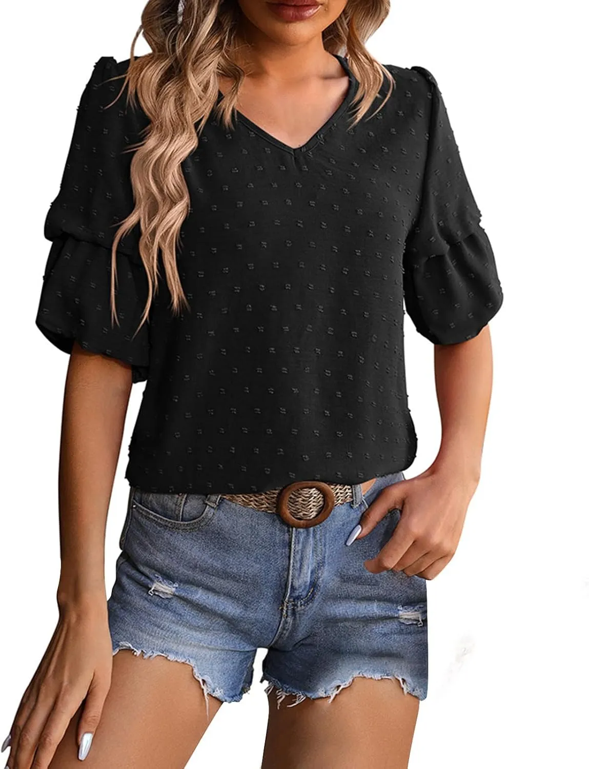 Womens Puff Sleeve Tops Dressy Casual V Neck Blouses Swiss Dot Balloon Short Sleeve Blouses Pom Pom Shirts Summer Tee