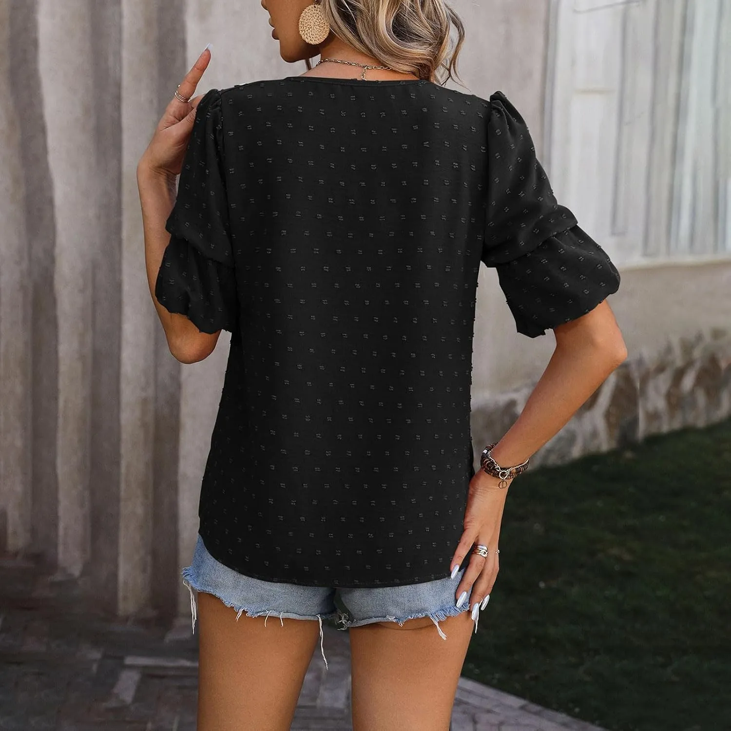 Womens Puff Sleeve Tops Dressy Casual V Neck Blouses Swiss Dot Balloon Short Sleeve Blouses Pom Pom Shirts Summer Tee