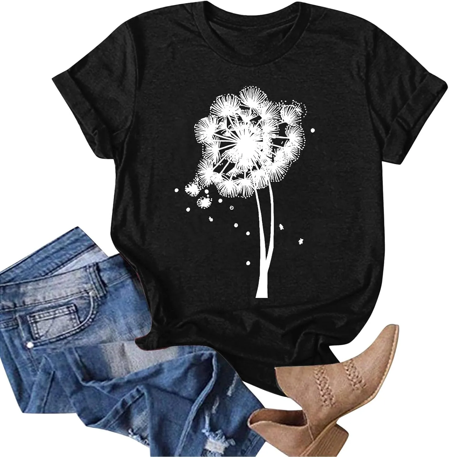 Women's Short Sleeve Summer Tops Round Neck Graphic T Shirts Casual Workout Tshirt Basic Tee Loose Fit Pullover