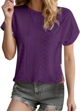 Womens Short Sleeve T Shirts Eyelet Floral Summer Tops Cute Crewneck Casual Blouses Boho Graphic Tees Trendy Tshirts