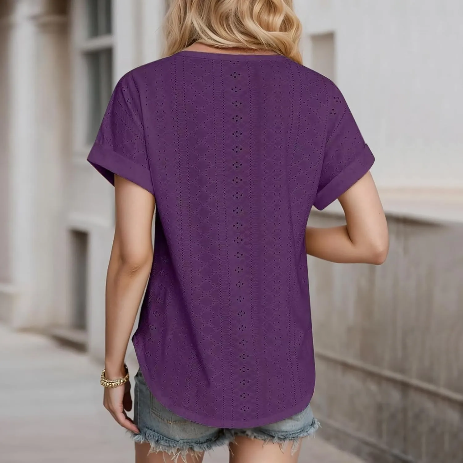 Womens Short Sleeve T Shirts Eyelet Floral Summer Tops Cute Crewneck Casual Blouses Boho Graphic Tees Trendy Tshirts