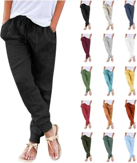 Womens Tapered Pants Cotton Linen Drawstring Elastic Waist Pants Casual Trousers with Pockets Joggers Travel Slacks