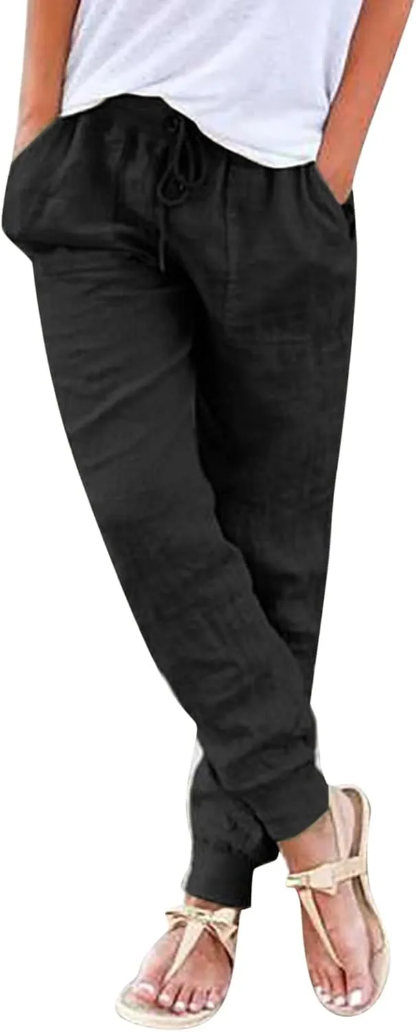 Womens Tapered Pants Cotton Linen Drawstring Elastic Waist Pants Casual Trousers with Pockets Joggers Travel Slacks