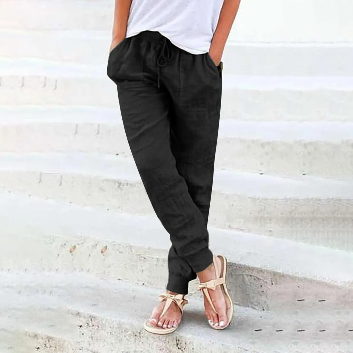 Womens Tapered Pants Cotton Linen Drawstring Elastic Waist Pants Casual Trousers with Pockets Joggers Travel Slacks