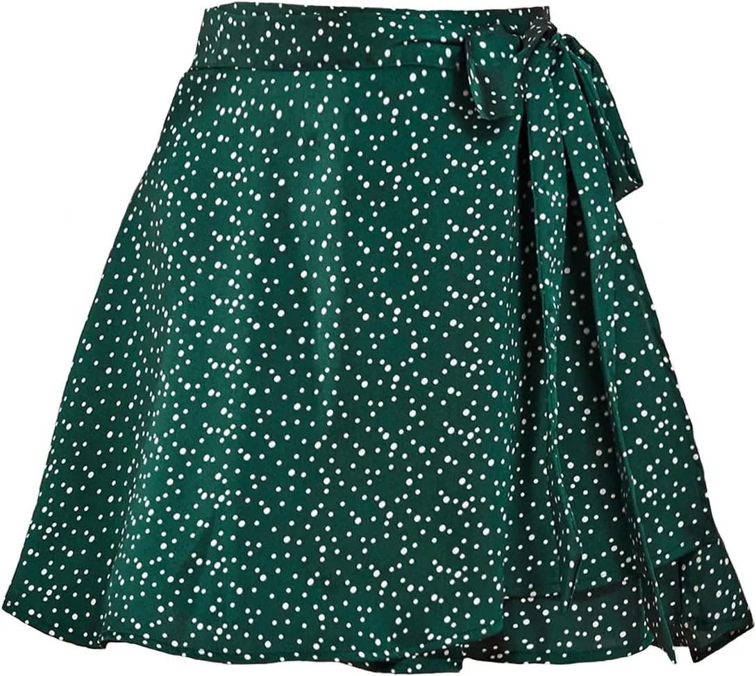 Womens Wrap Mini Skirts Casual High Waist Self Tie Knot Silk Satin Short Skater Skirt