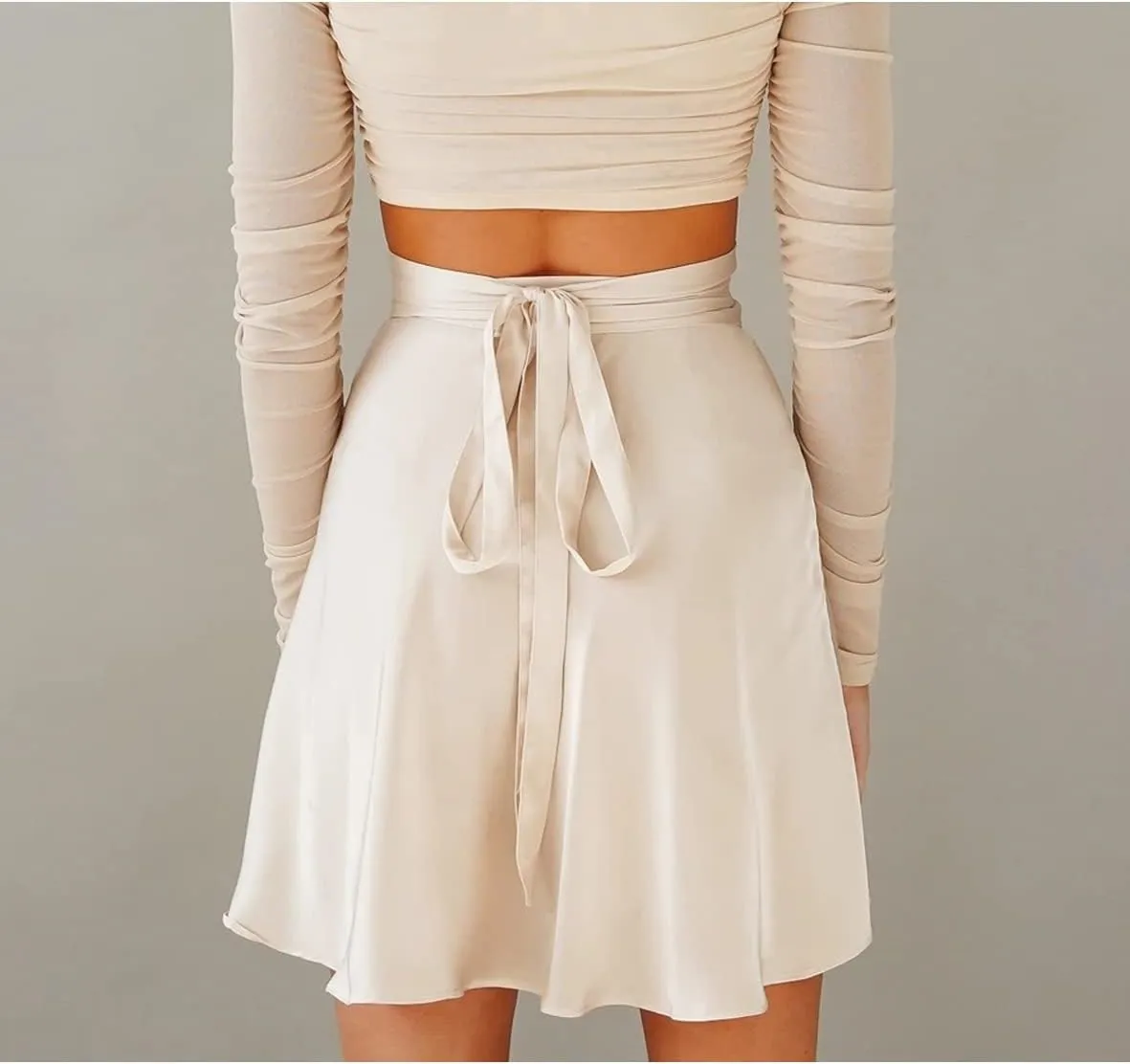 Womens Wrap Mini Skirts Casual High Waist Self Tie Knot Silk Satin Short Skater Skirt