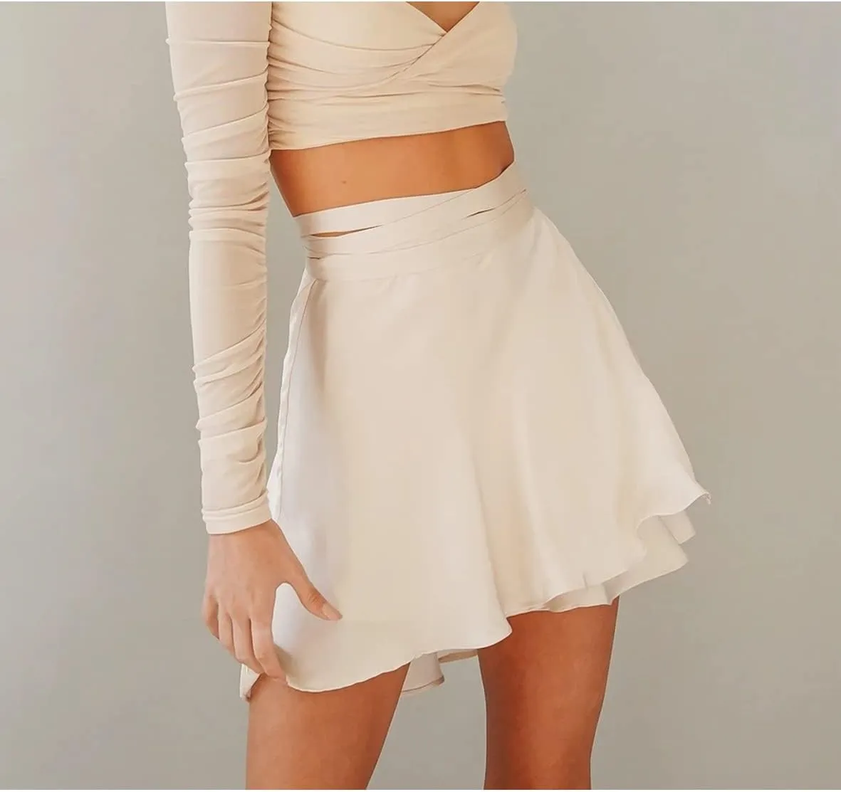 Womens Wrap Mini Skirts Casual High Waist Self Tie Knot Silk Satin Short Skater Skirt