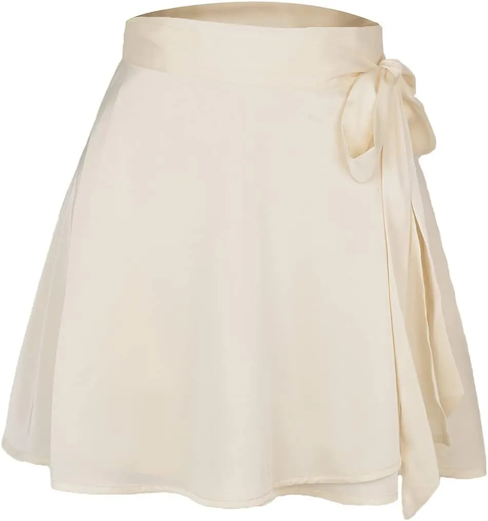Womens Wrap Mini Skirts Casual High Waist Self Tie Knot Silk Satin Short Skater Skirt