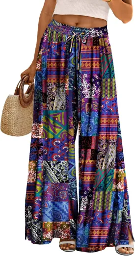 YESNO Women Summer Boho Palazzo Pants High Waist Wide Leg Floral Casual Cotton Lounge Trousers with Pockets PP0