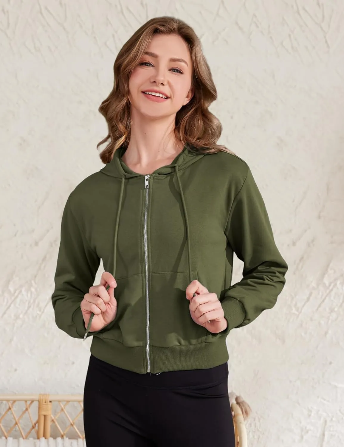 Yimoon Zip Up Hoodie Women Cropped Casual Sweatshirts Workout Long Sleeve Drawstring Hooded Jacket Crop Tops