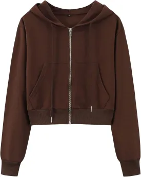 Yimoon Zip Up Hoodie Women Cropped Casual Sweatshirts Workout Long Sleeve Drawstring Hooded Jacket Crop Tops