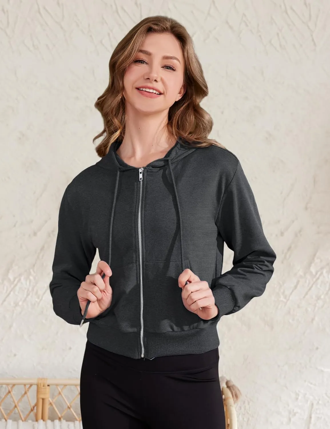 Yimoon Zip Up Hoodie Women Cropped Casual Sweatshirts Workout Long Sleeve Drawstring Hooded Jacket Crop Tops