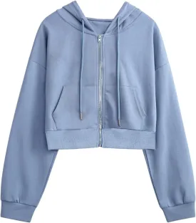 Yimoon Zip Up Hoodie Women Cropped Casual Sweatshirts Workout Long Sleeve Drawstring Hooded Jacket Crop Tops