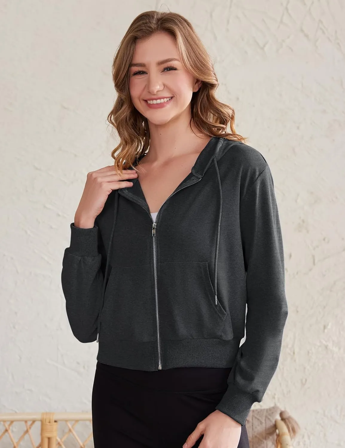 Yimoon Zip Up Hoodie Women Cropped Casual Sweatshirts Workout Long Sleeve Drawstring Hooded Jacket Crop Tops