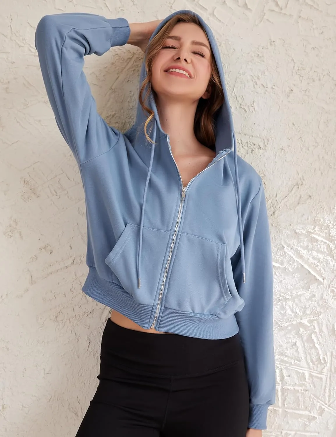 Yimoon Zip Up Hoodie Women Cropped Casual Sweatshirts Workout Long Sleeve Drawstring Hooded Jacket Crop Tops
