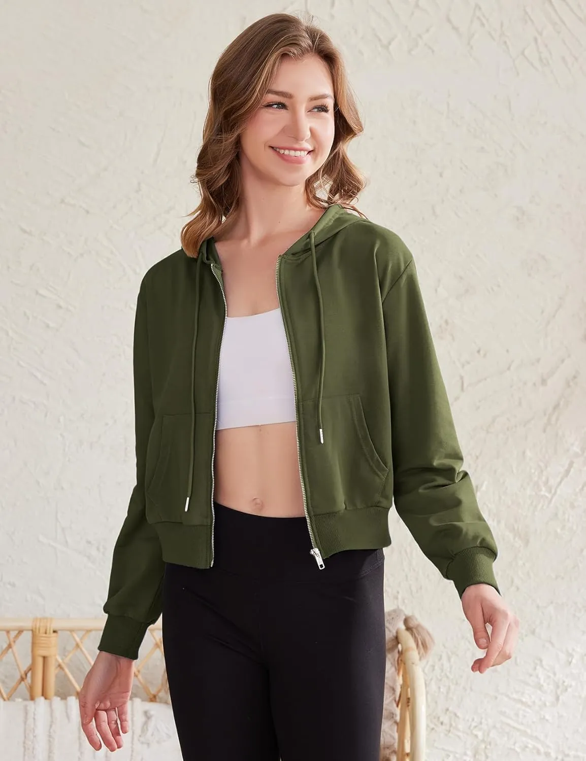 Yimoon Zip Up Hoodie Women Cropped Casual Sweatshirts Workout Long Sleeve Drawstring Hooded Jacket Crop Tops
