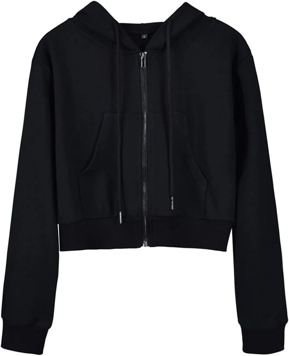 Yimoon Zip Up Hoodie Women Cropped Casual Sweatshirts Workout Long Sleeve Drawstring Hooded Jacket Crop Tops